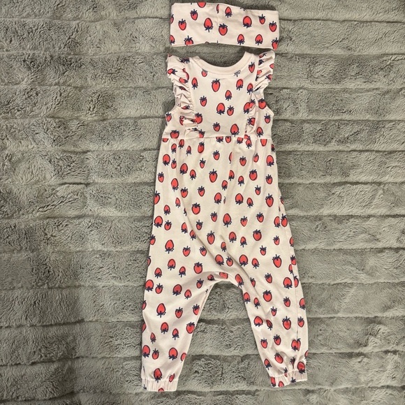 Cat & Jack 12 Months Strawberry Ruffle Romper & Headband, Jumpsuit Summer - Picture 6 of 8